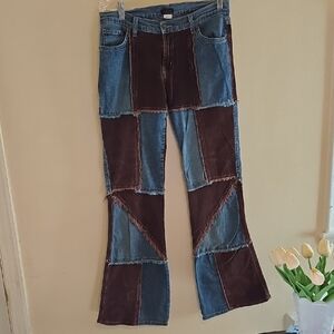 Vintage Patchwork Flare Jeans - Blue and Brown. Stunning!